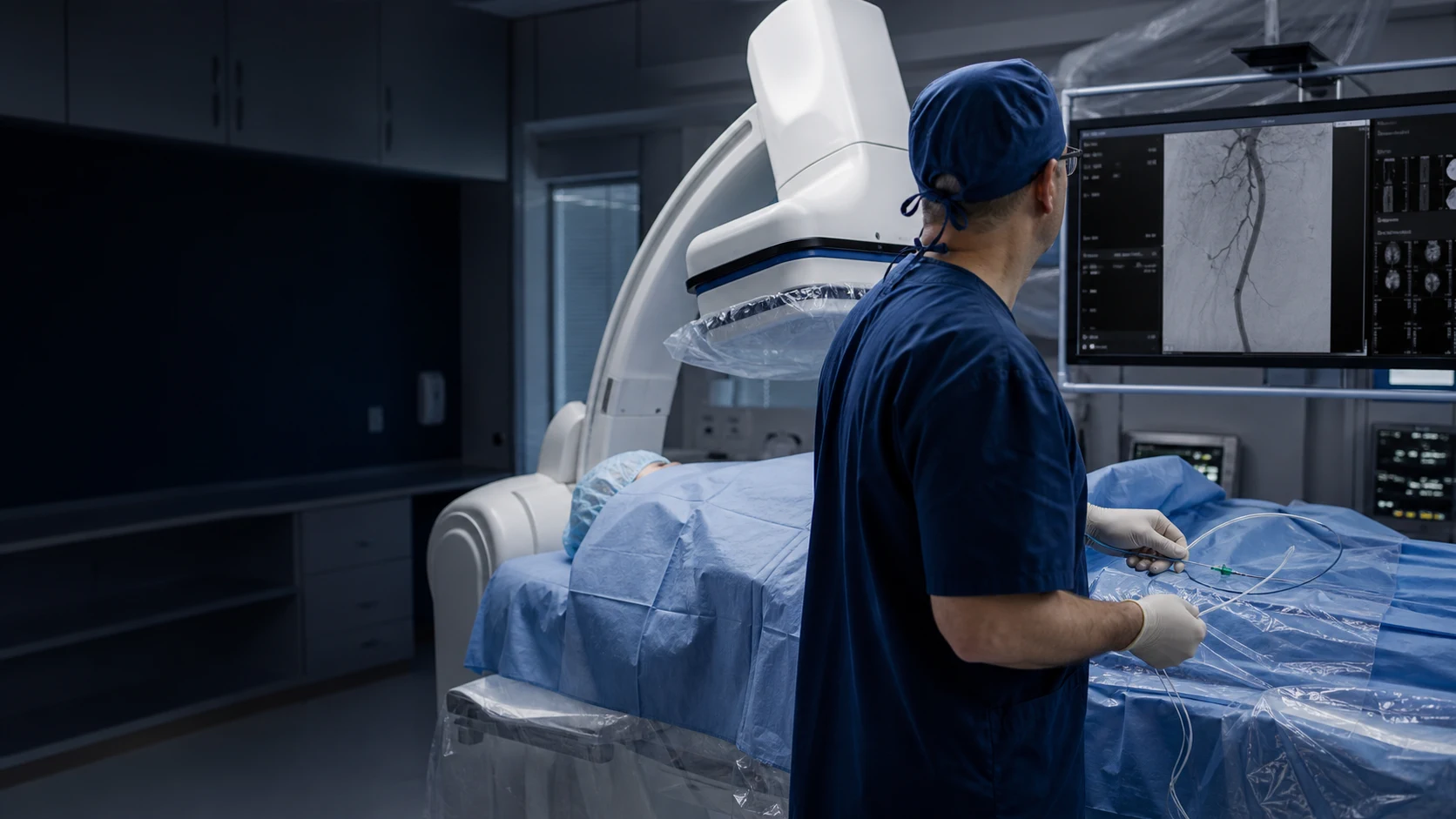 An interventional specialist performing an image-guided arterial procedure