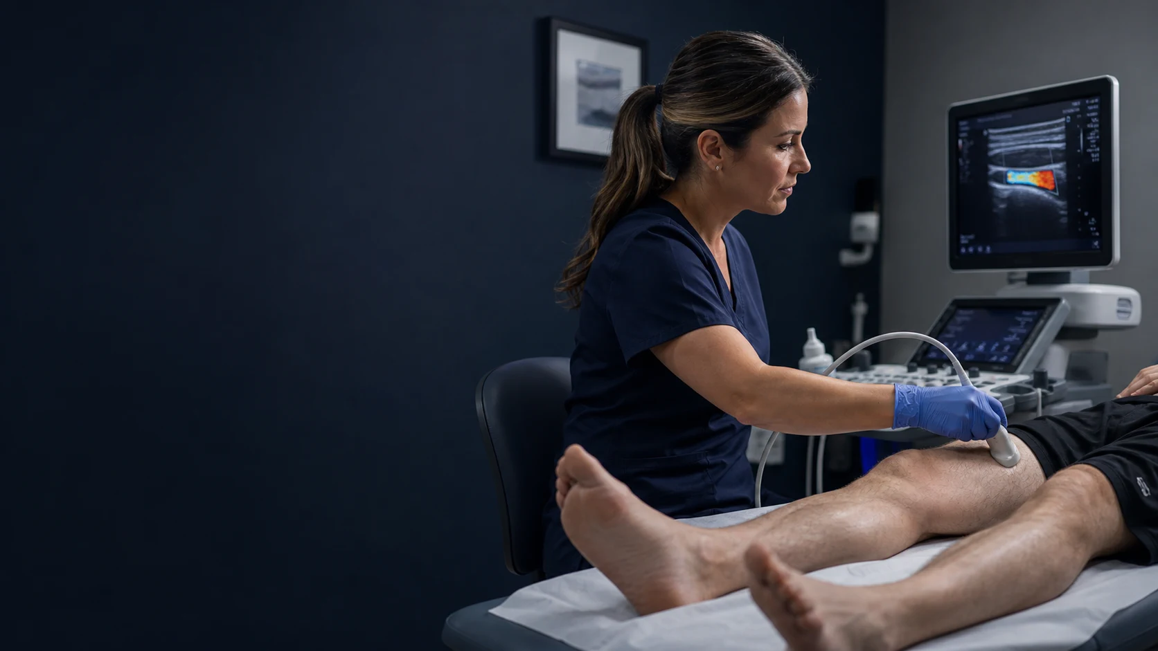A vascular sonographer performing a duplex ultrasound on a patient's lower leg