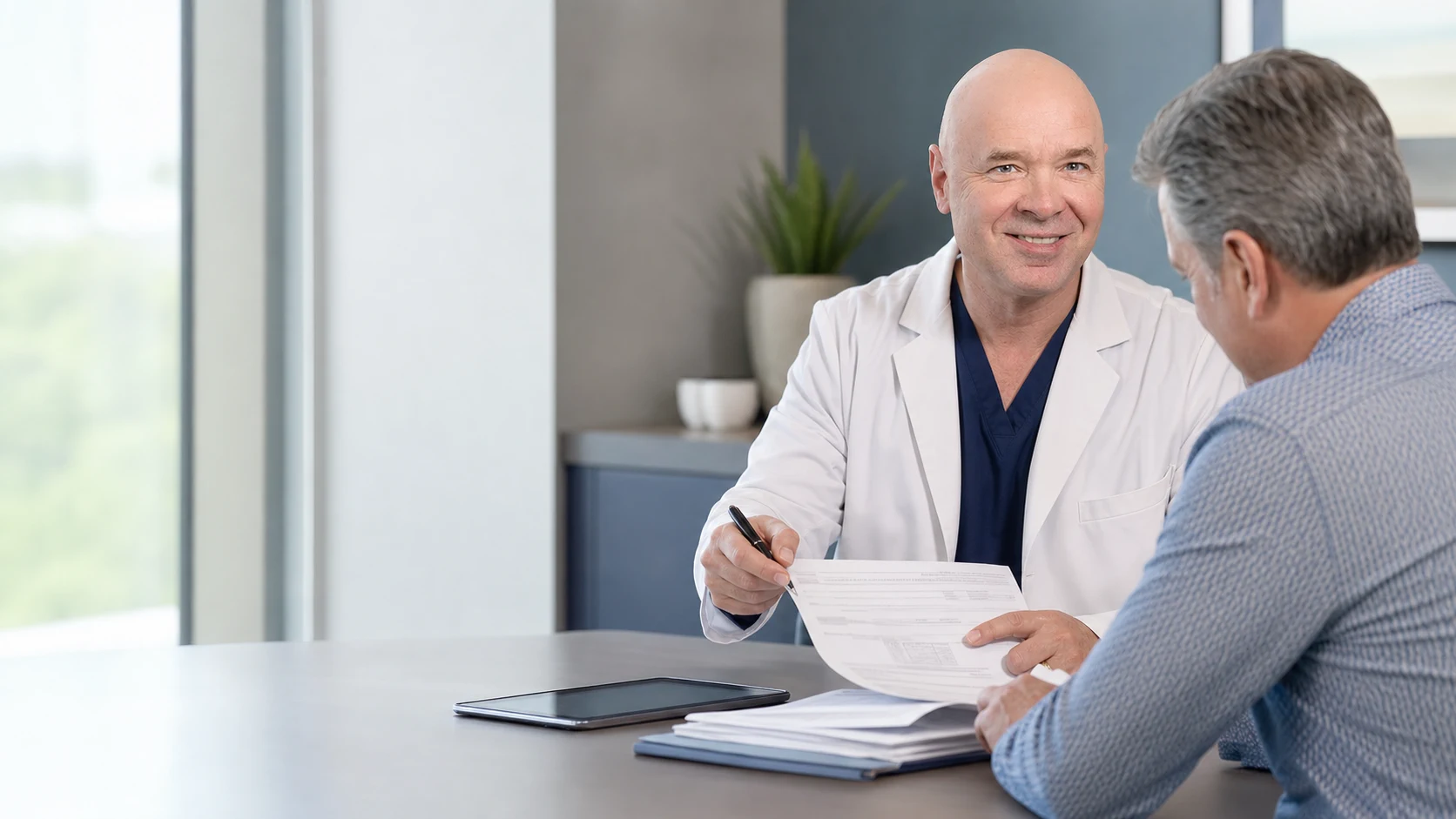 Richard Coats helping a patient review insurance paperwork