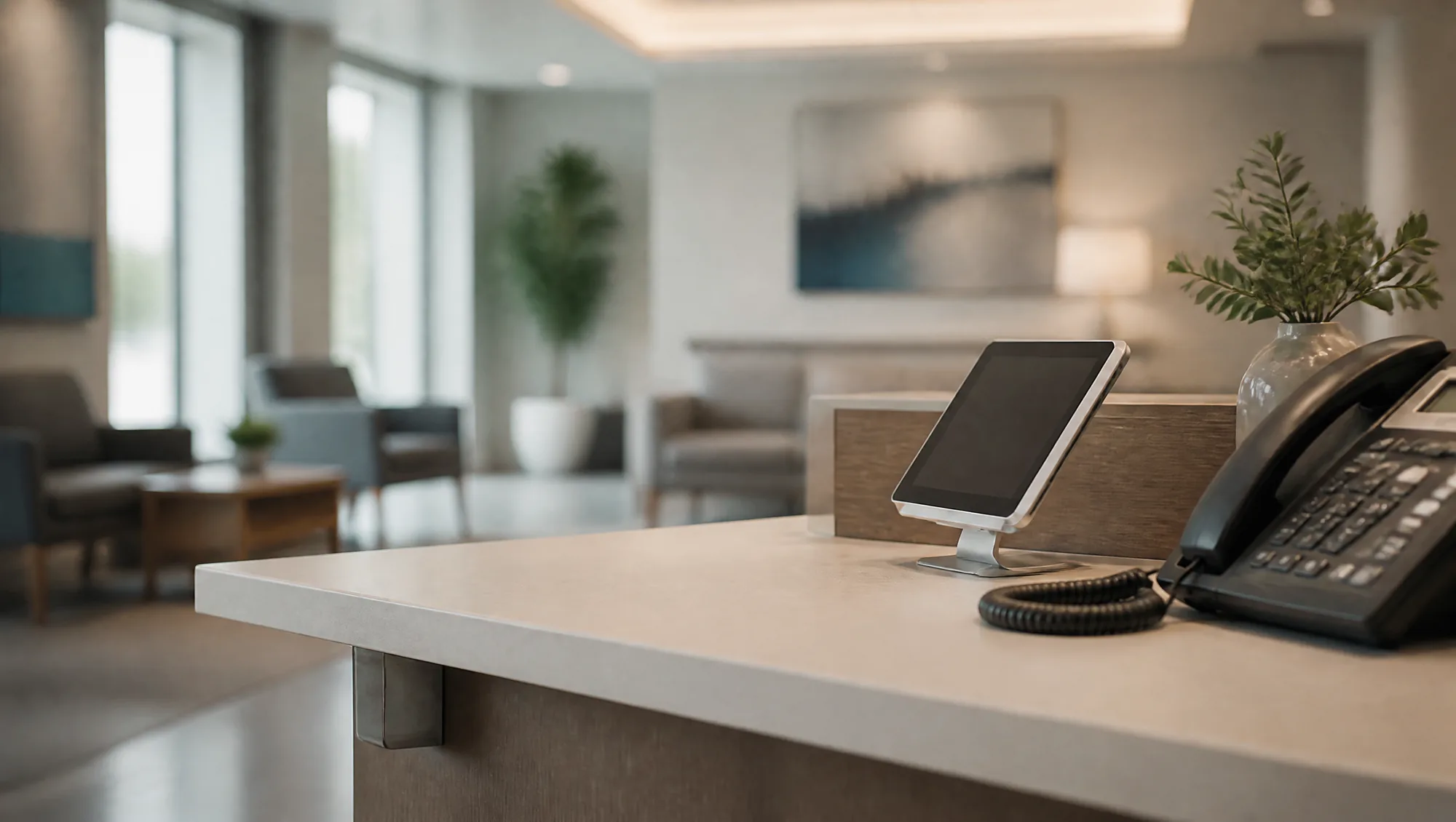 A quiet, modern clinic reception desk