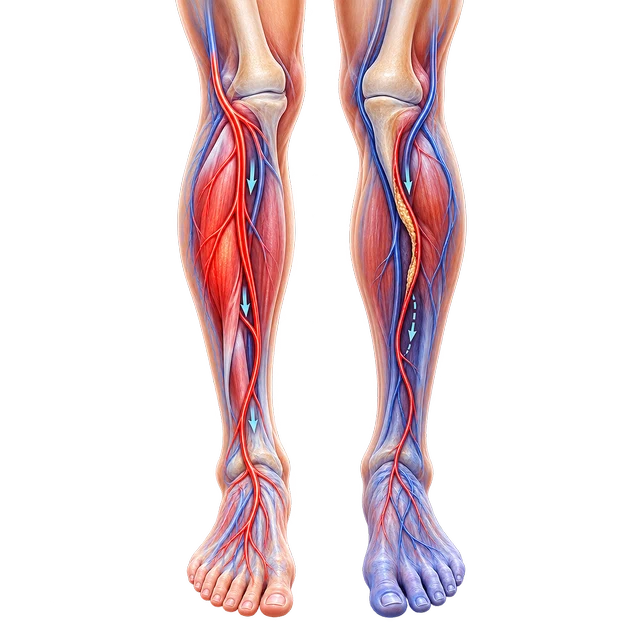 Comparative medical illustration of healthy and reduced circulation in the lower legs