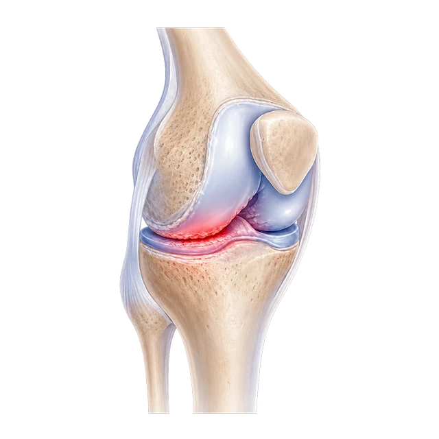Medical cutaway illustration of cartilage narrowing and inflammation in the knee joint