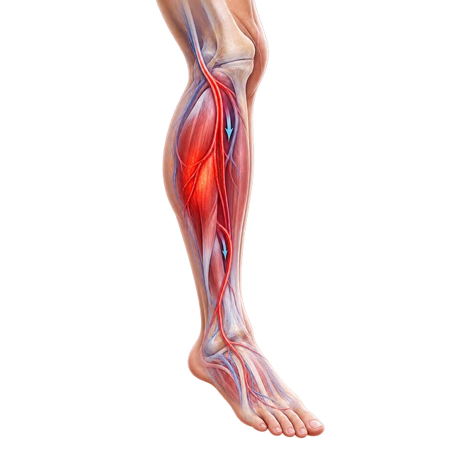 Medical illustration of vascular circulation and pain in the lower leg