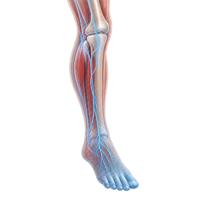 Medical illustration of sensory pathways and reduced sensation in the lower leg and foot