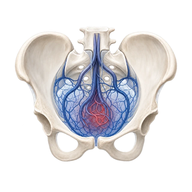 Medical illustration of venous congestion within the pelvis