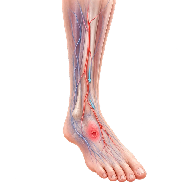 Medical illustration of reduced circulation near a small slow-healing ankle wound