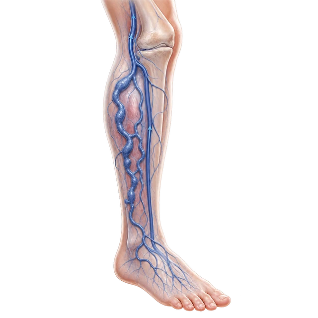 Medical illustration of enlarged twisted superficial veins in the lower leg