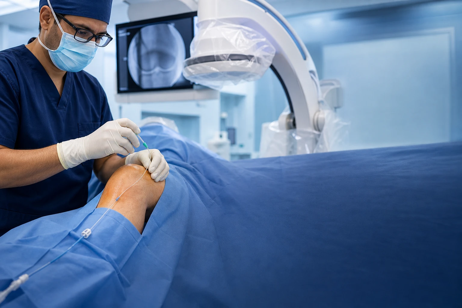 An interventional specialist performing an image-guided treatment near a patient’s knee